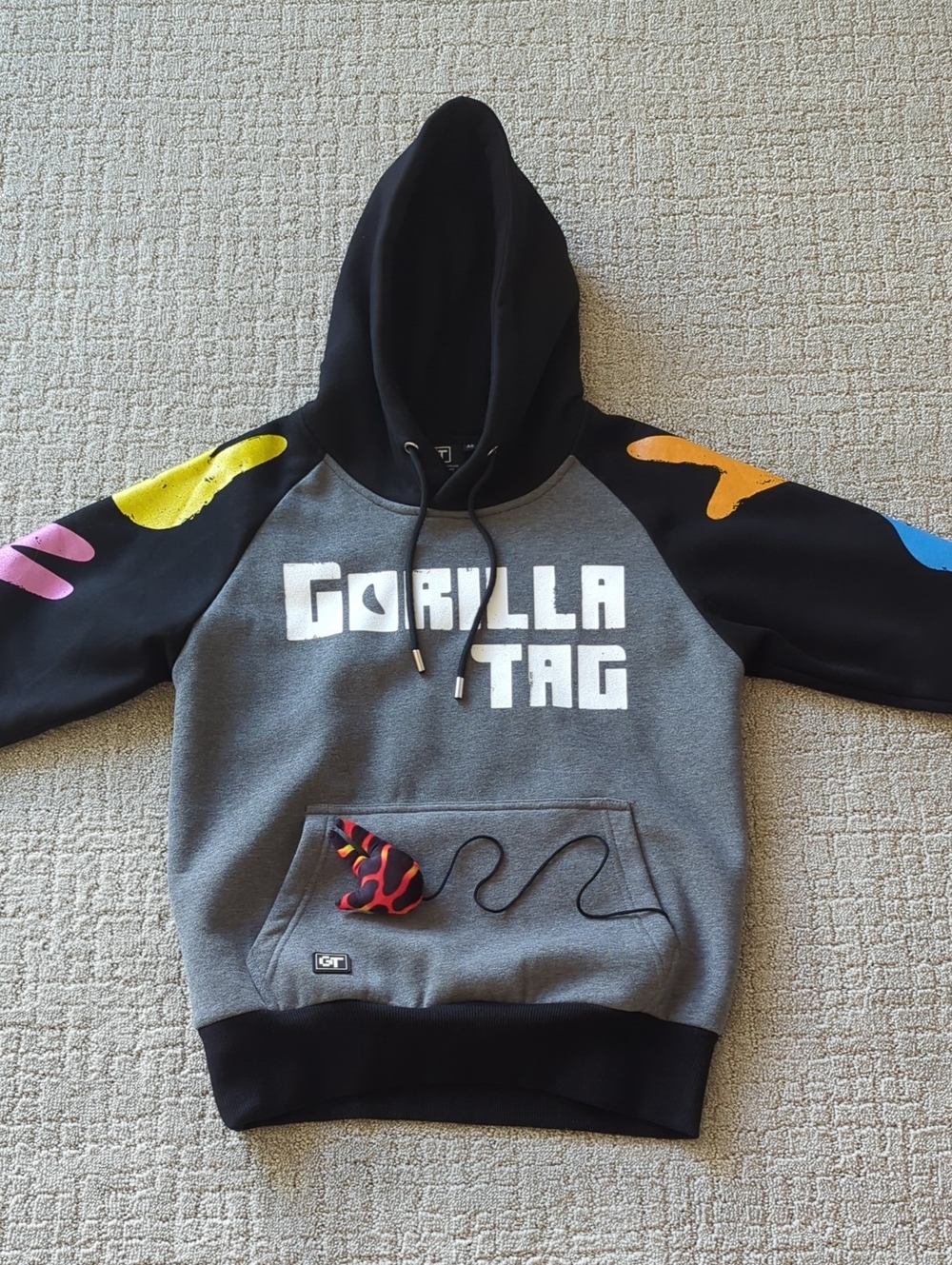Gorilla Tag Grey & Black Pullover Hoodie with Colorful Sleeves, Adult Small